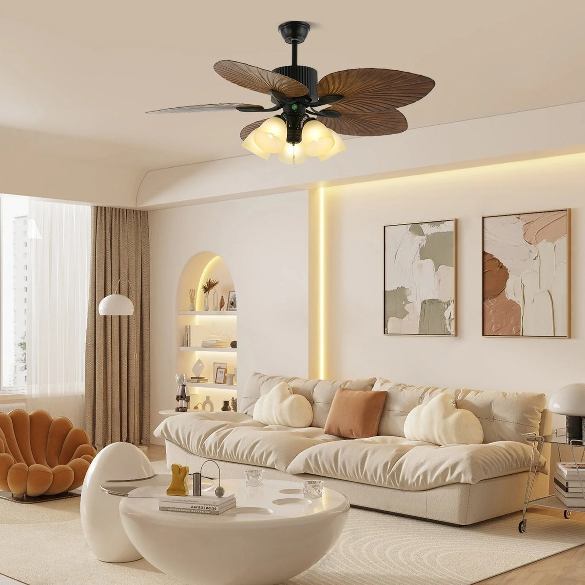 Ceiling Fan With Light | Tropical Wood-Grain Blades & Remote Control | 6-Speed