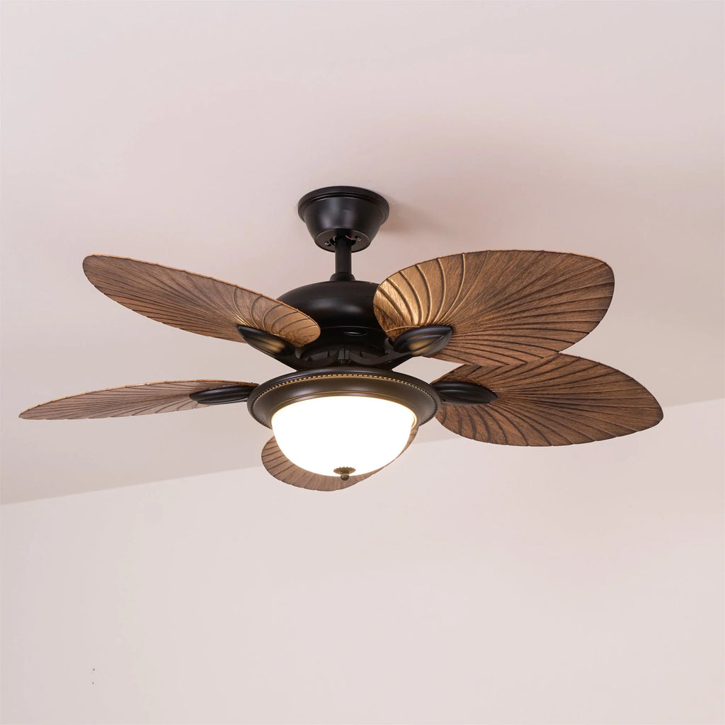 Ceiling Fan With Light | Tropical Wood-Grain Blades & Remote Control | 6-Speed