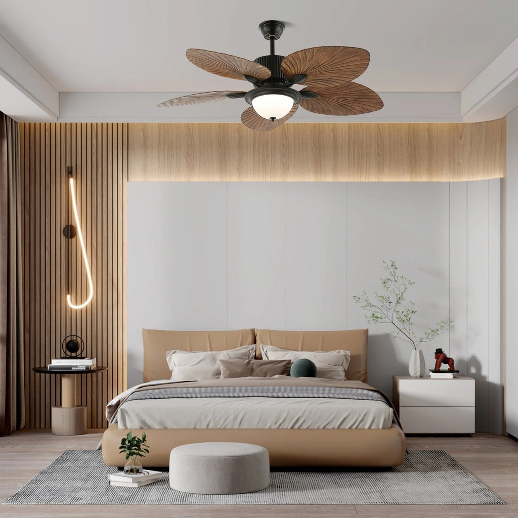 Ceiling Fan With Light | Tropical Wood-Grain Blades & Remote Control | 6-Speed
