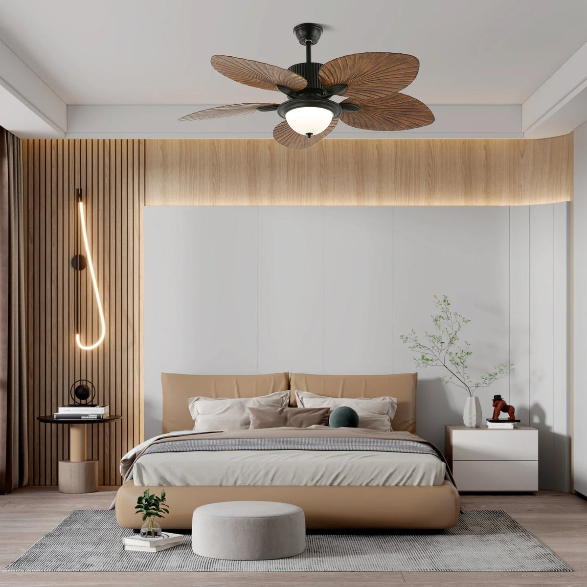 Ceiling Fan With Light | Tropical Wood-Grain Blades & Remote Control | 6-Speed