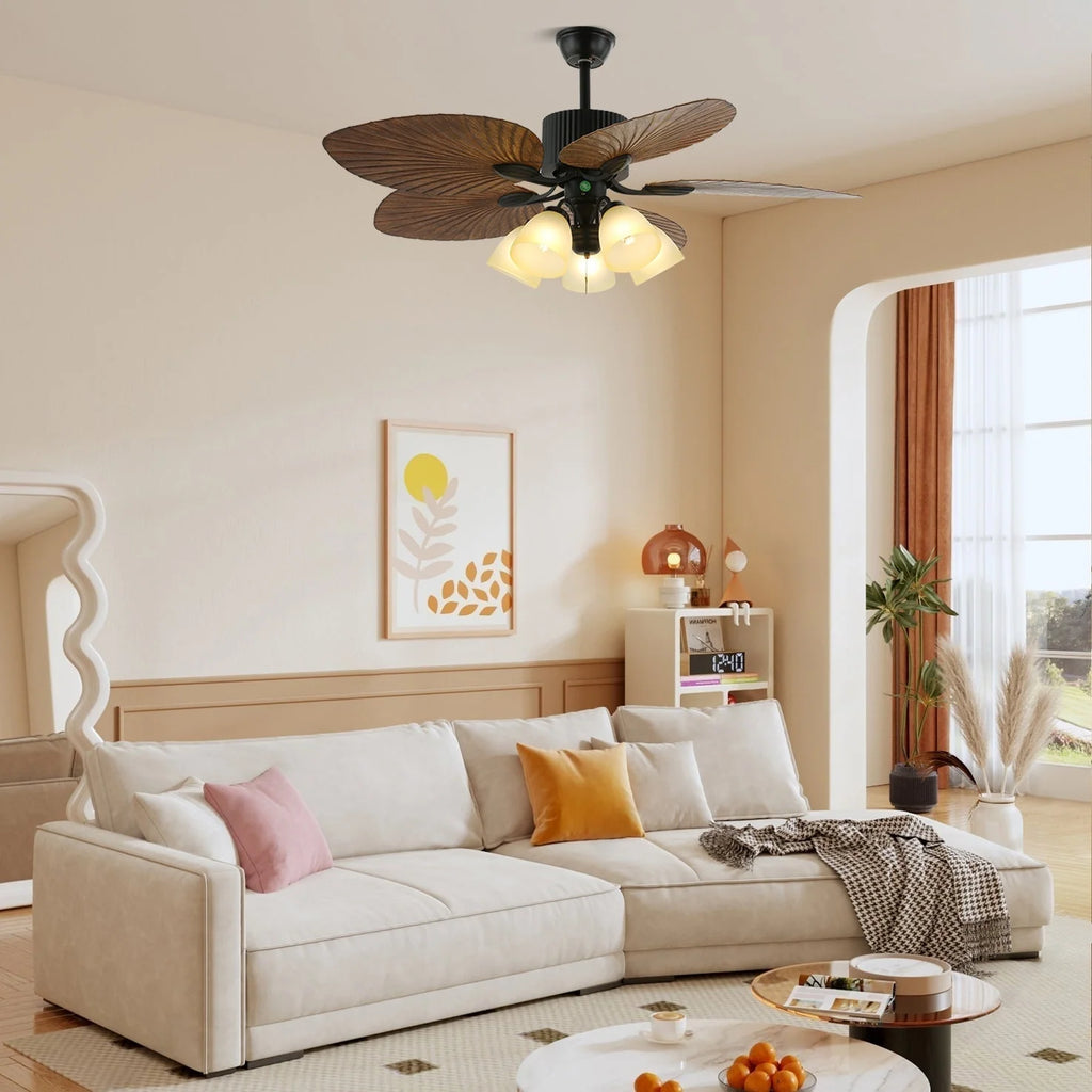 Ceiling Fan With Light | Tropical Wood-Grain Blades & Remote Control | 6-Speed
