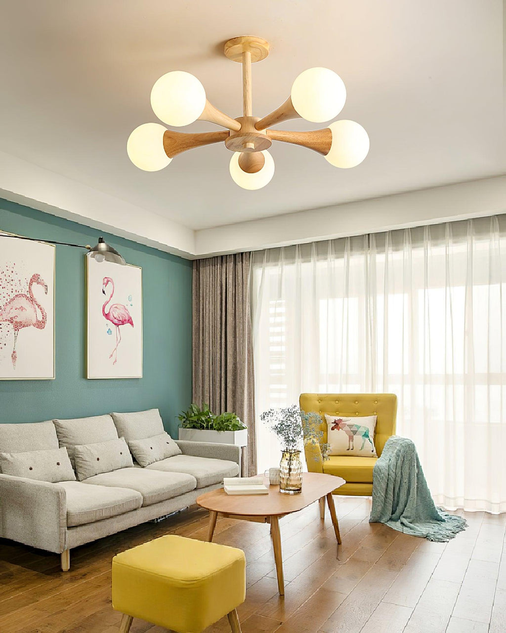Ceiling Lamp | Wood & Glass LED-Compatible | 3–5 Heads