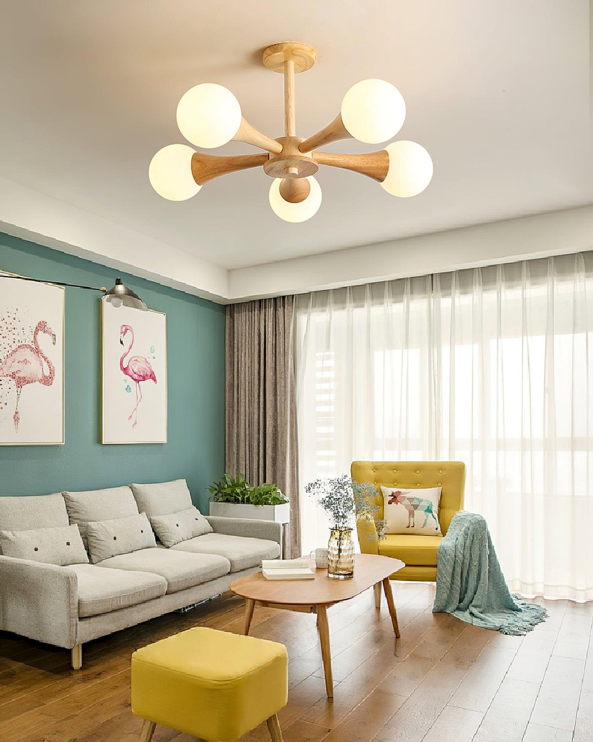 Ceiling Lamp | Wood & Glass LED-Compatible | 3–5 Heads