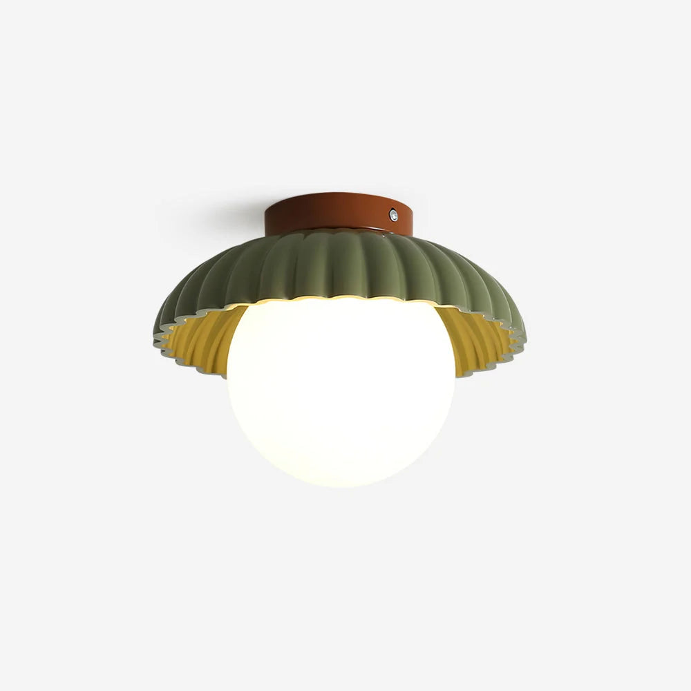 Ceiling Light | Scalloped Metal Shade & Opal Glass Globe | Flush-Mount