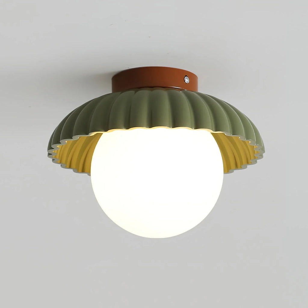 Ceiling Light | Scalloped Metal Shade & Opal Glass Globe | Flush-Mount
