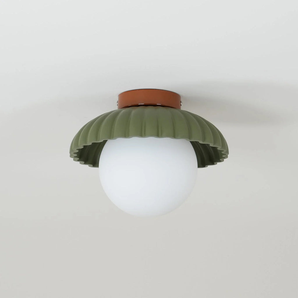 Ceiling Light | Scalloped Metal Shade & Opal Glass Globe | Flush-Mount