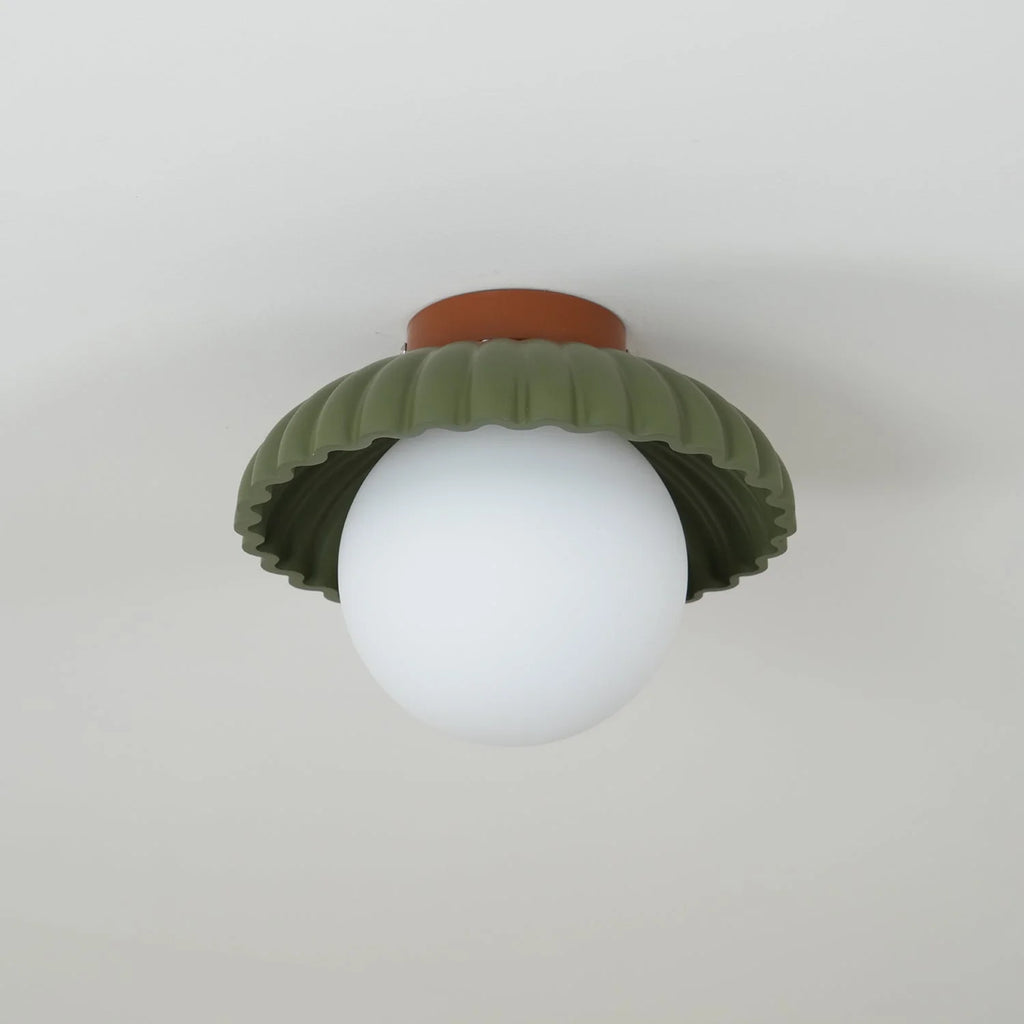 Ceiling Light | Scalloped Metal Shade & Opal Glass Globe | Flush-Mount