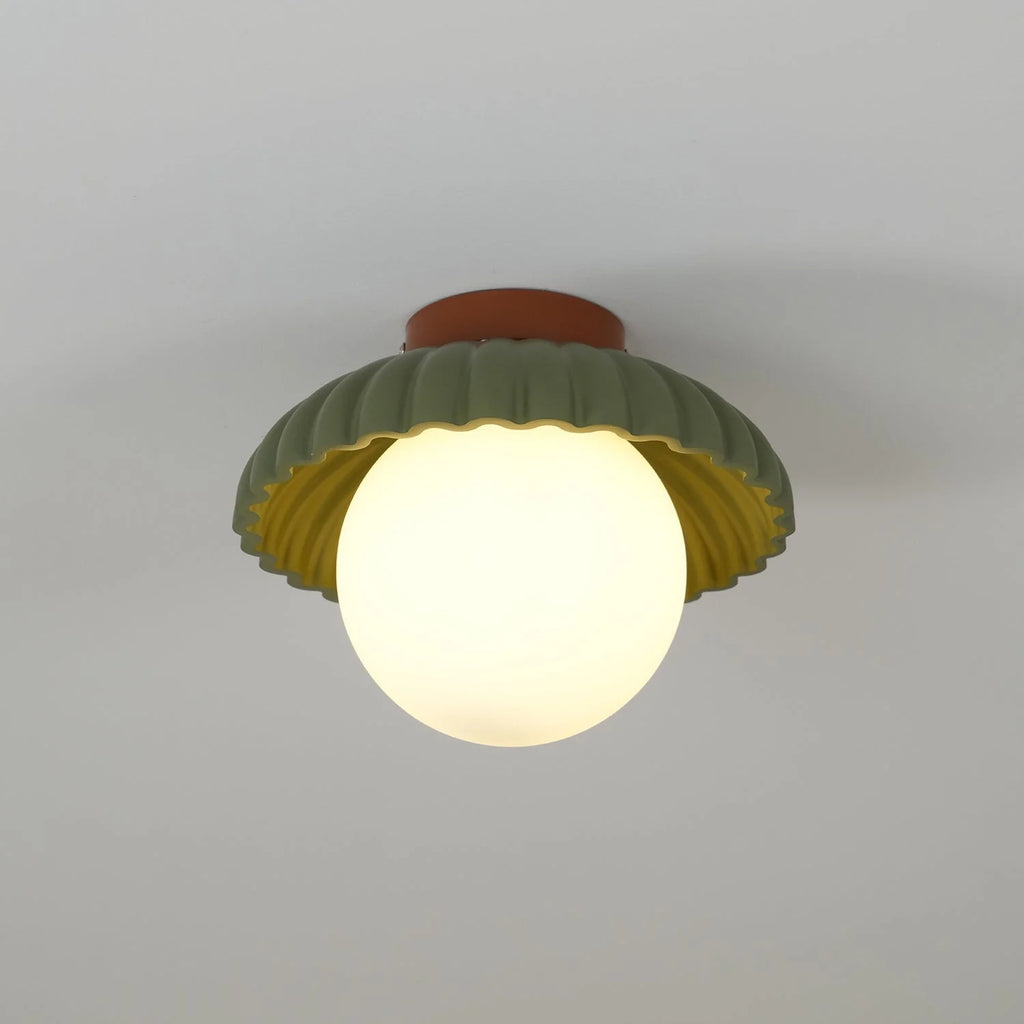 Ceiling Light | Scalloped Metal Shade & Opal Glass Globe | Flush-Mount