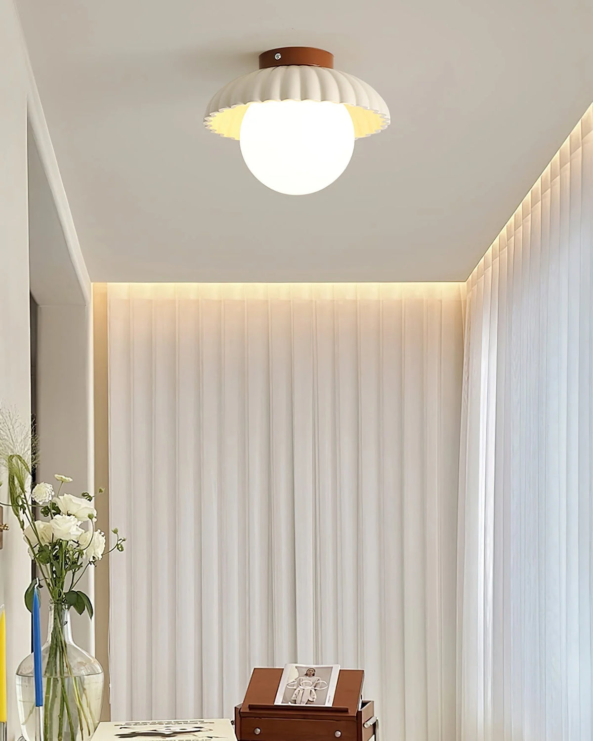 Ceiling Light | Scalloped Metal Shade & Opal Glass Globe | Flush-Mount