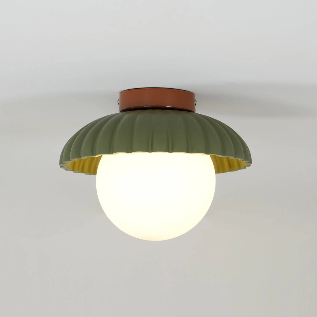 Ceiling Light | Scalloped Metal Shade & Opal Glass Globe | Flush-Mount