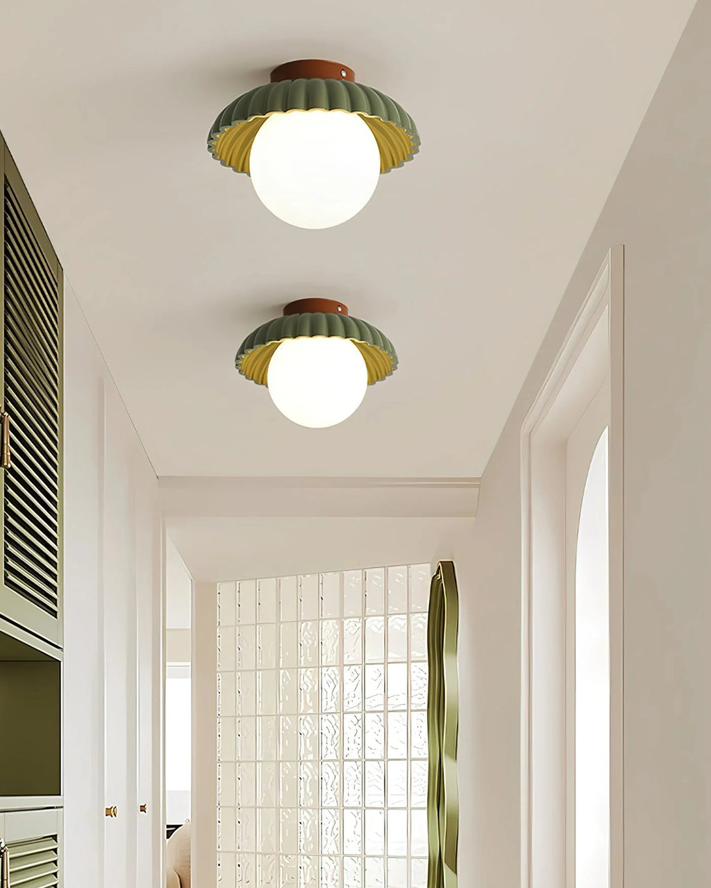 Ceiling Light | Scalloped Metal Shade & Opal Glass Globe | Flush-Mount