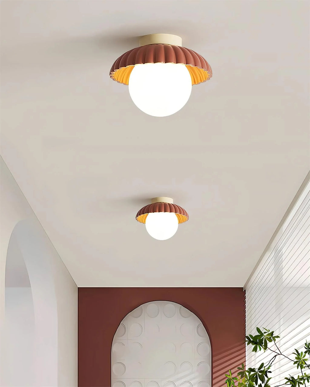 Ceiling Light | Scalloped Metal Shade & Opal Glass Globe | Flush-Mount