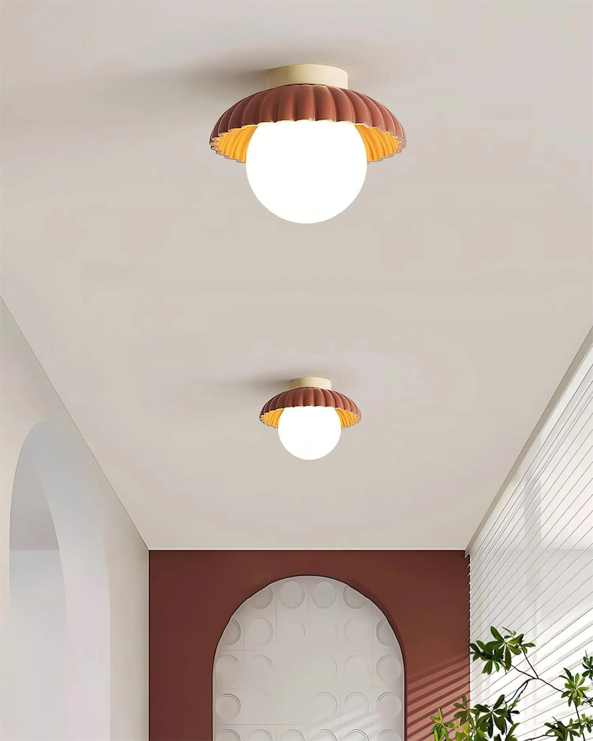 Ceiling Light | Scalloped Metal Shade & Opal Glass Globe | Flush-Mount
