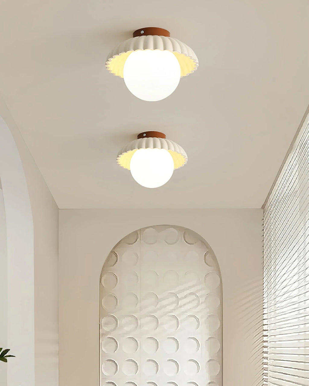 Ceiling Light | Scalloped Metal Shade & Opal Glass Globe | Flush-Mount