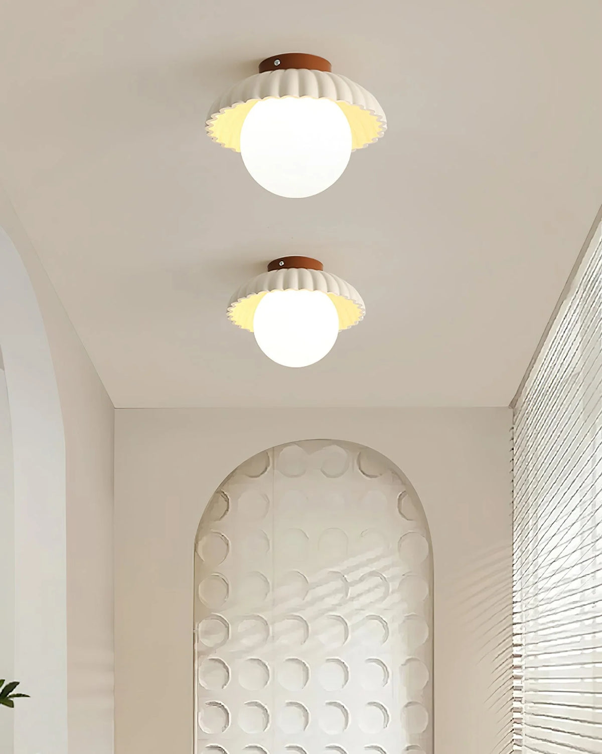 Ceiling Light | Scalloped Metal Shade & Opal Glass Globe | Flush-Mount