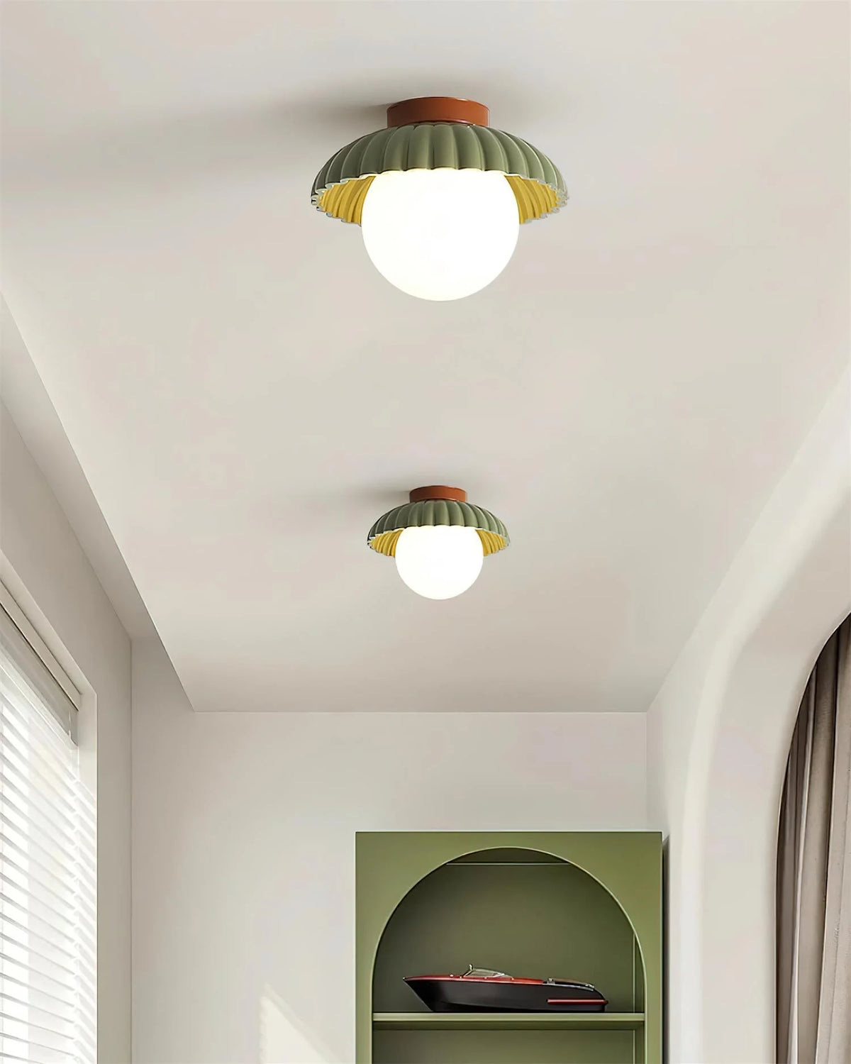 Ceiling Light | Scalloped Metal Shade & Opal Glass Globe | Flush-Mount