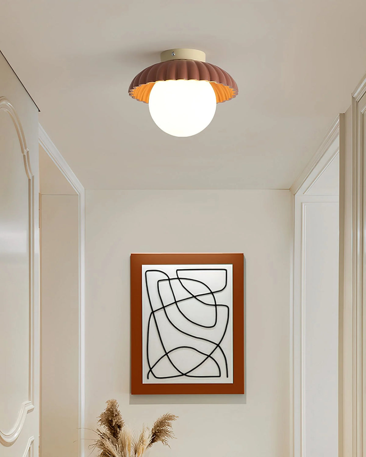 Ceiling Light | Scalloped Metal Shade & Opal Glass Globe | Flush-Mount