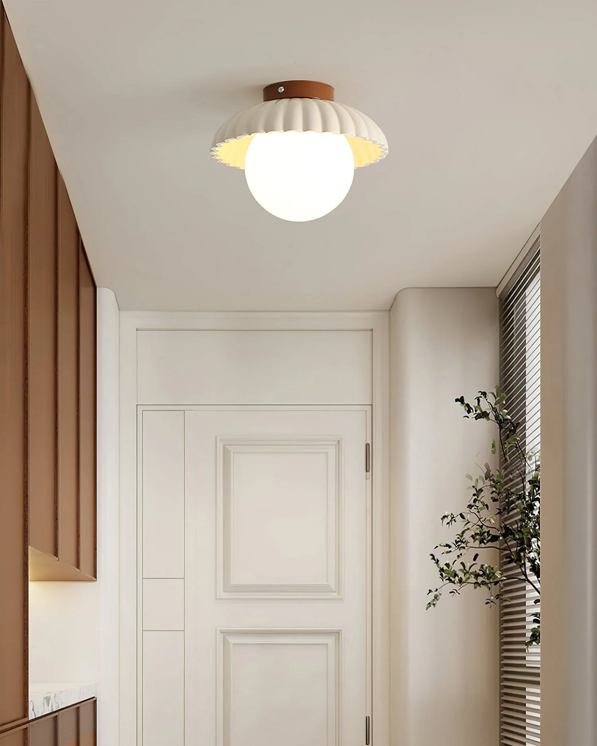 Ceiling Light | Scalloped Metal Shade & Opal Glass Globe | Flush-Mount