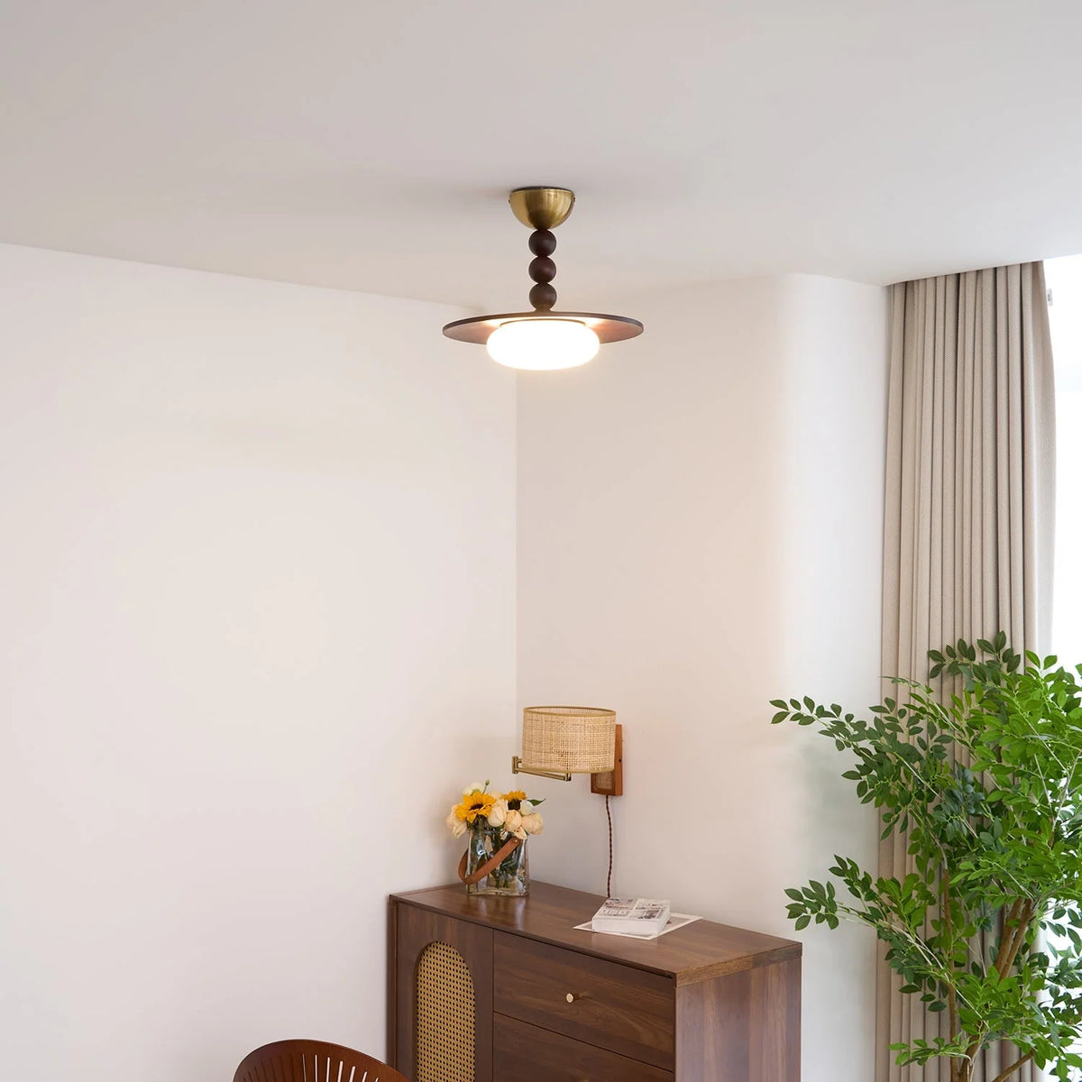 Ceiling Light | Wood Shade & Imitation Alabaster | Built-In LED