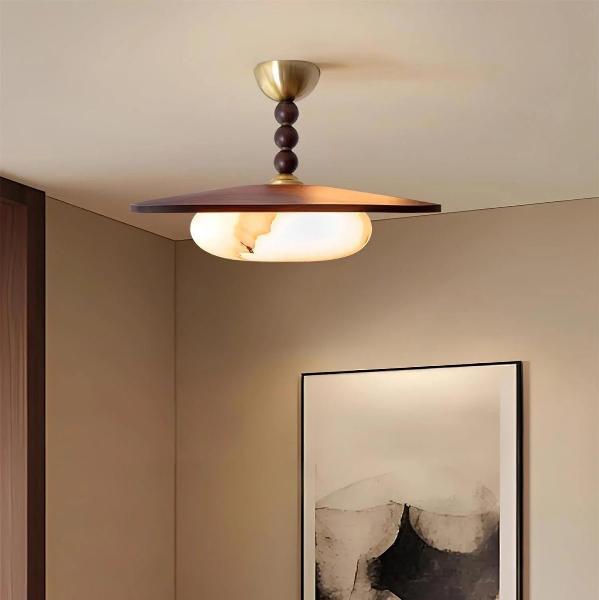 Ceiling Light | Wood Shade & Imitation Alabaster | Built-In LED