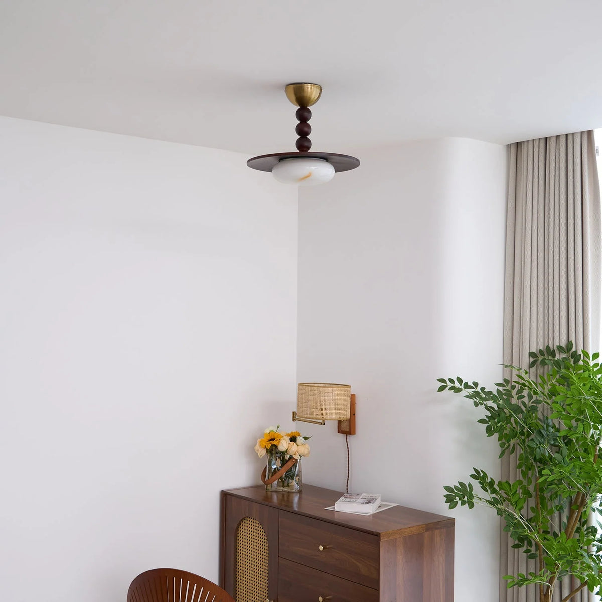 Ceiling Light | Wooden Shade & Imitation Alabaster Diffuser