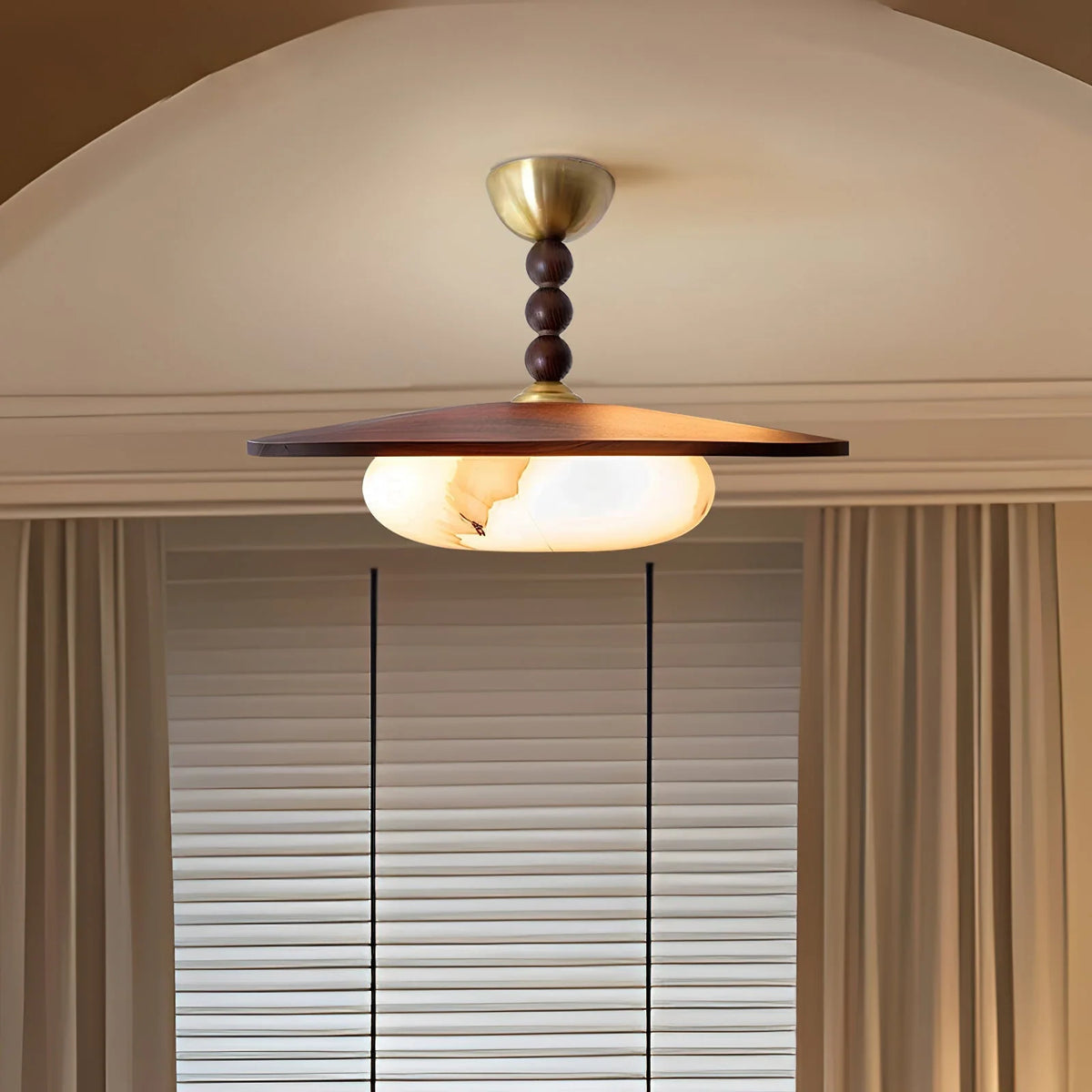 Ceiling Light | Wooden Shade & Imitation Alabaster Diffuser