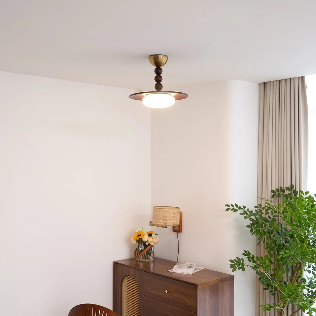 Ceiling Light | Wooden Shade & Imitation Alabaster Diffuser