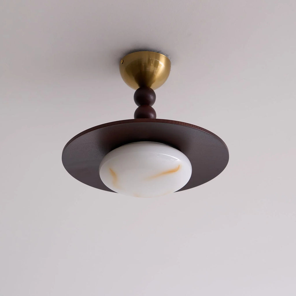 Ceiling Light | Wooden Shade & Imitation Alabaster Diffuser