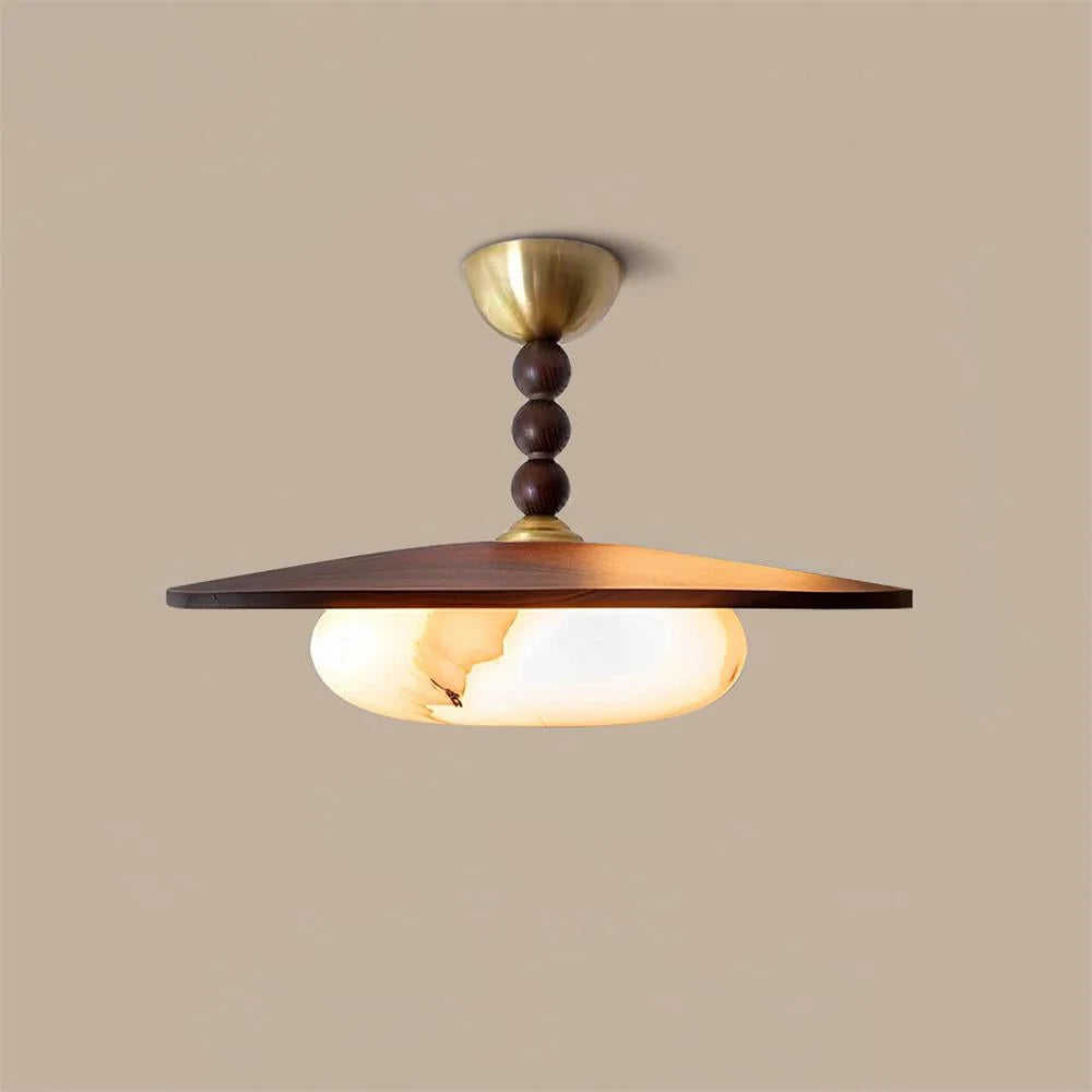 Ceiling Light | Wooden Shade & Imitation Alabaster Diffuser