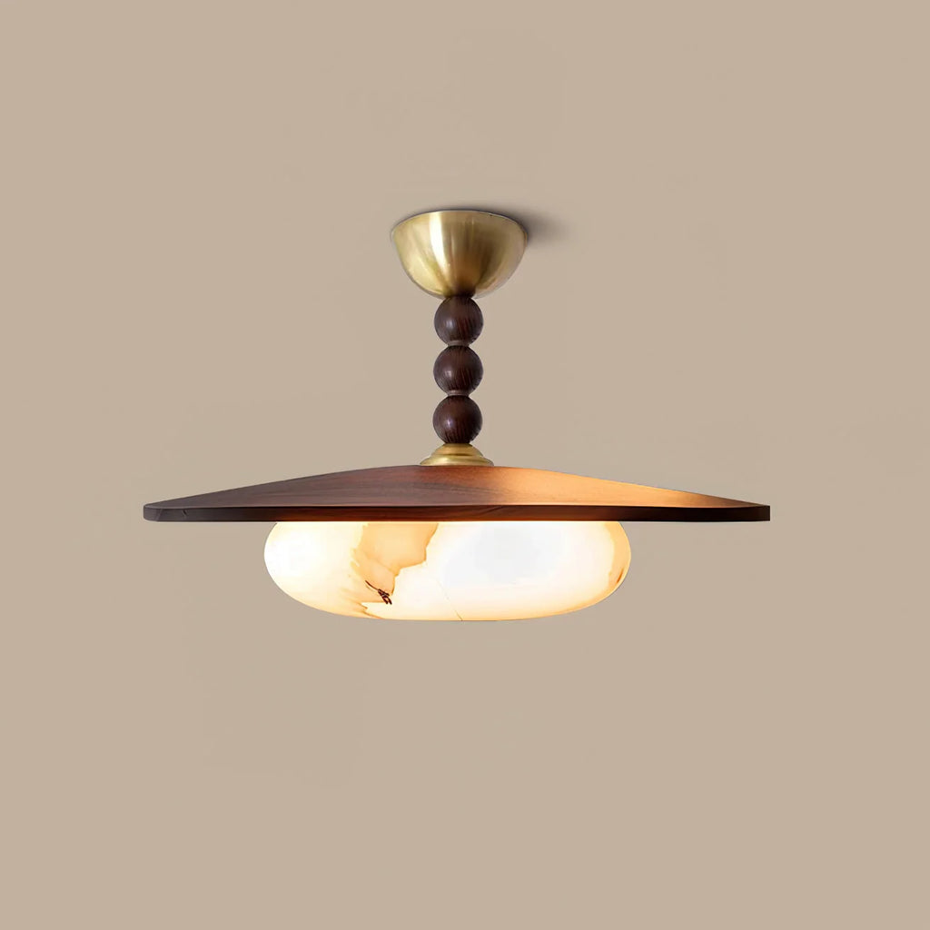 Ceiling Light | Wooden Shade & Imitation Alabaster Diffuser