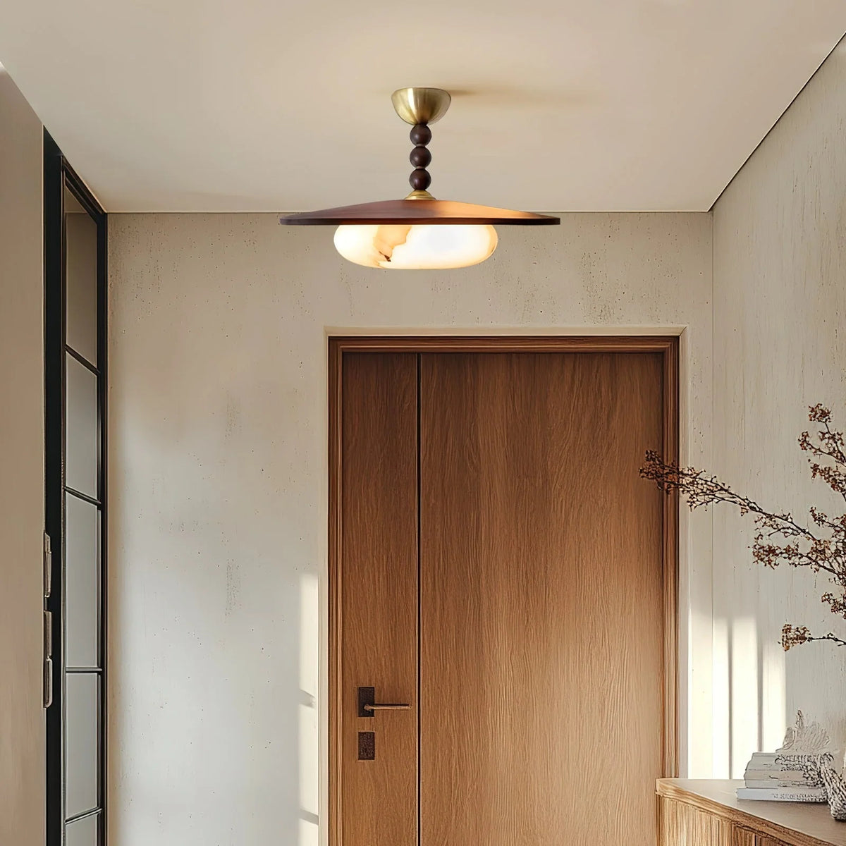 Ceiling Light | Wooden Shade & Imitation Alabaster Diffuser