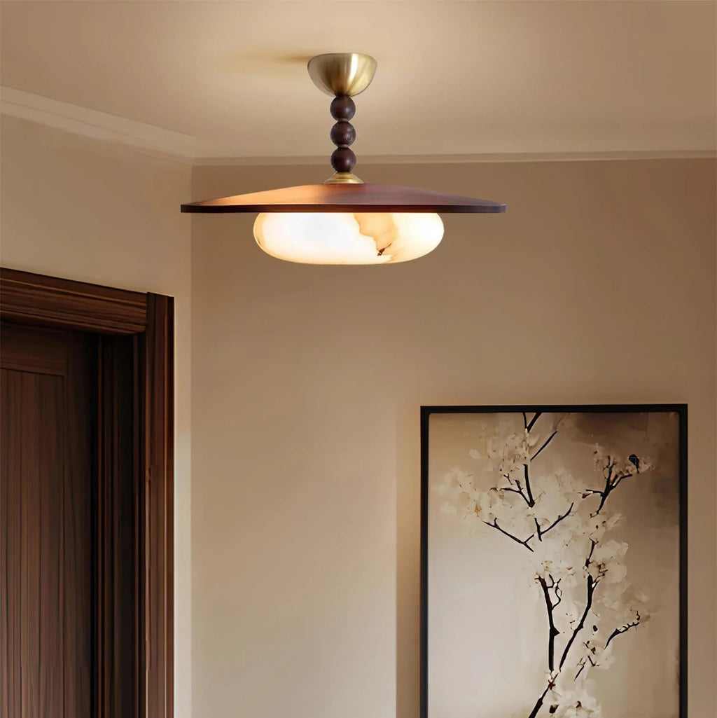 Ceiling Light | Wooden Shade & Imitation Alabaster Diffuser