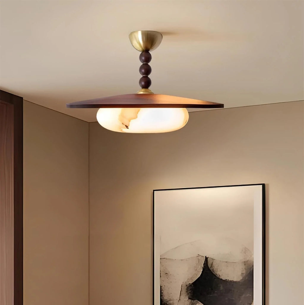 Ceiling Light | Wooden Shade & Imitation Alabaster Diffuser