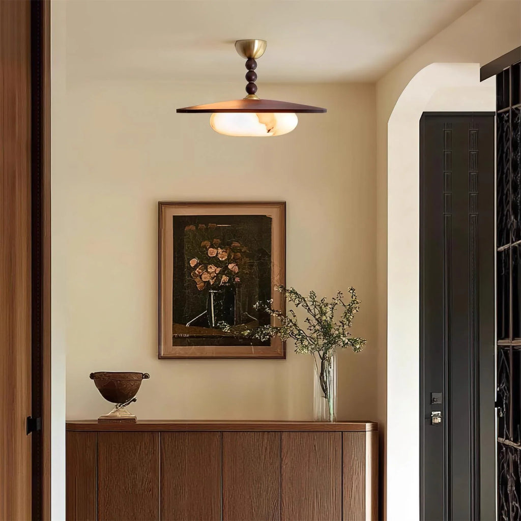 Ceiling Light | Wooden Shade & Imitation Alabaster Diffuser