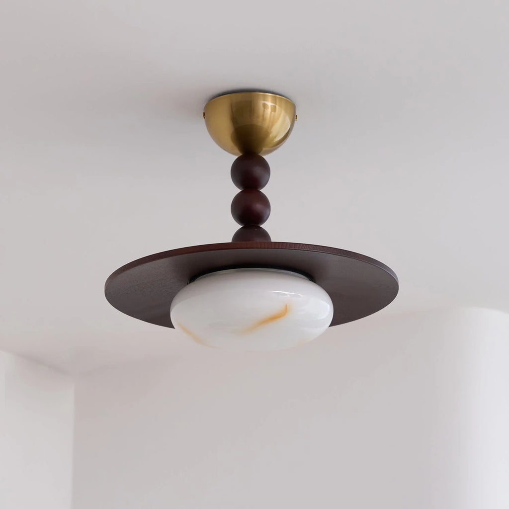 Ceiling Light | Wooden Shade & Imitation Alabaster Diffuser