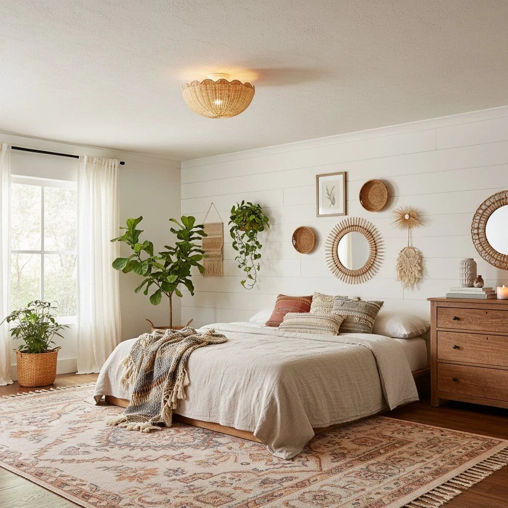 Ceiling Pendant Light | Rattan Shade & Metal Frame | 46 cm