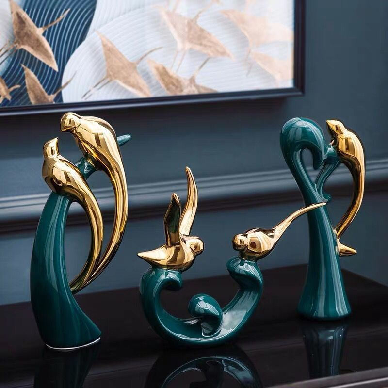 Ceramic Dove Sculpture | Gold Accents & Emerald Base | Set of 2