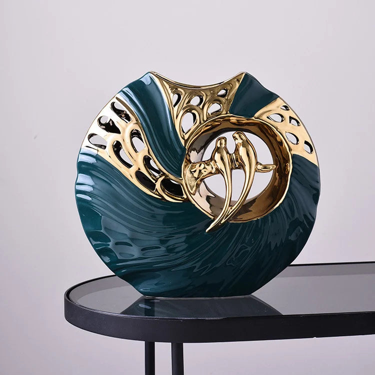 Ceramic Dove Sculpture | Gold Accents & Emerald Base | Set of 2