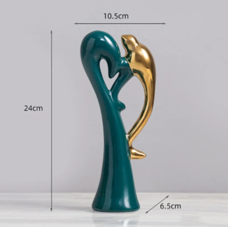 Ceramic Dove Sculpture | Gold Accents & Emerald Base | Set of 2