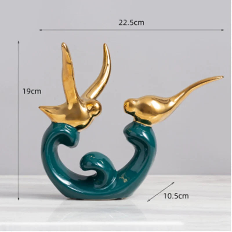 Ceramic Dove Sculpture | Gold Accents & Emerald Base | Set of 2