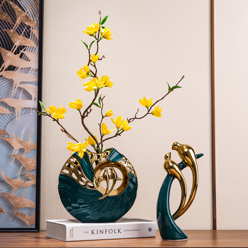 Ceramic Dove Sculpture | Gold Accents & Emerald Base | Set of 2