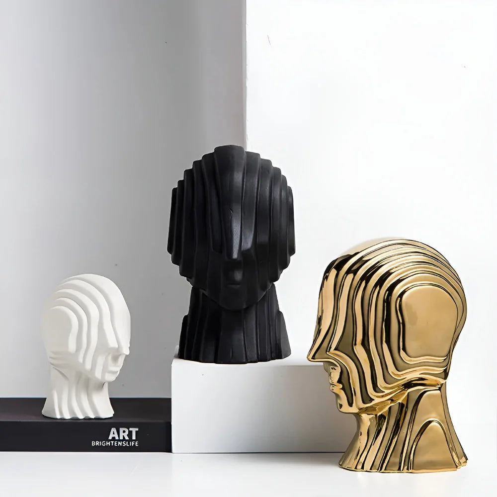 Ceramic Head Sculpture | Geometric Design & Golden Fringe