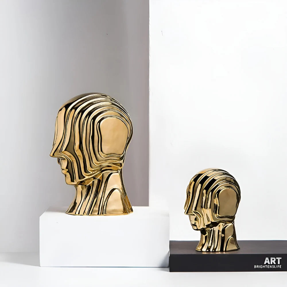 Ceramic Head Sculpture | Geometric Design & Golden Fringe