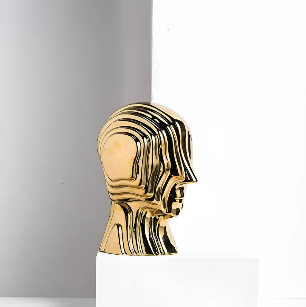 Ceramic Head Sculpture | Geometric Design & Golden Fringe
