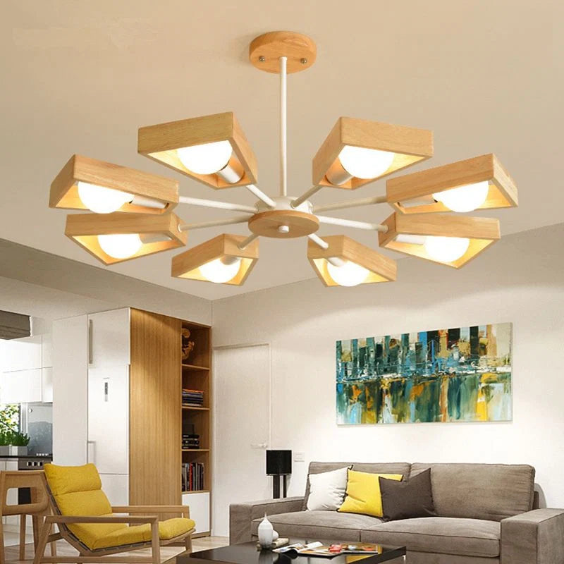 Chandelier Ceiling Light | Solid Wood Shades & Metal Frame | 3-8 Lights
