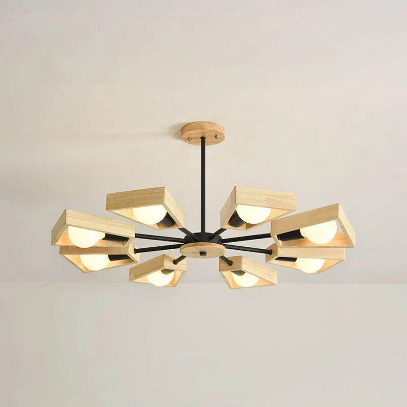 Chandelier Ceiling Light | Solid Wood Shades & Metal Frame | 3-8 Lights