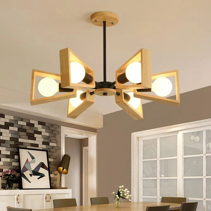 Chandelier Ceiling Light | Solid Wood Shades & Metal Frame | 3-8 Lights