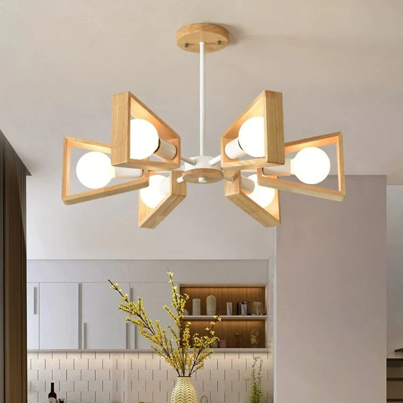 Chandelier Ceiling Light | Solid Wood Shades & Metal Frame | 3-8 Lights