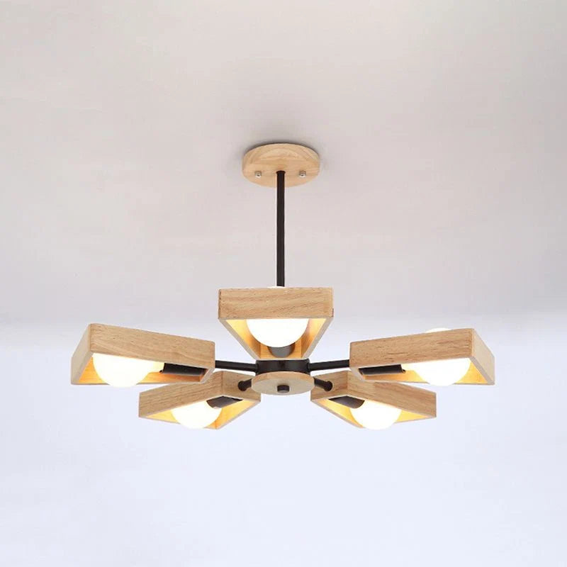 Chandelier Ceiling Light | Solid Wood Shades & Metal Frame | 3-8 Lights