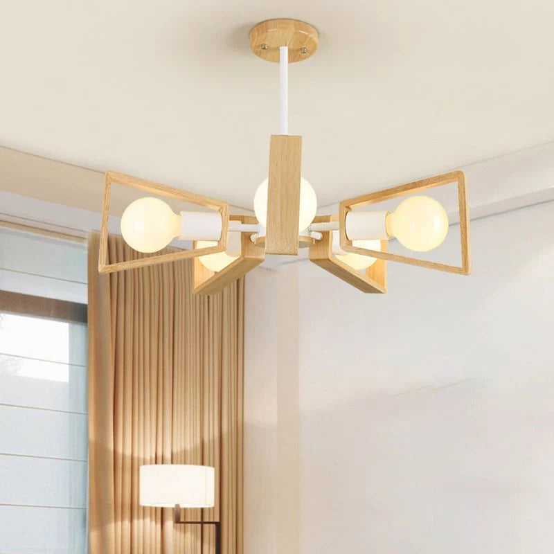 Chandelier Ceiling Light | Solid Wood Shades & Metal Frame | 3-8 Lights